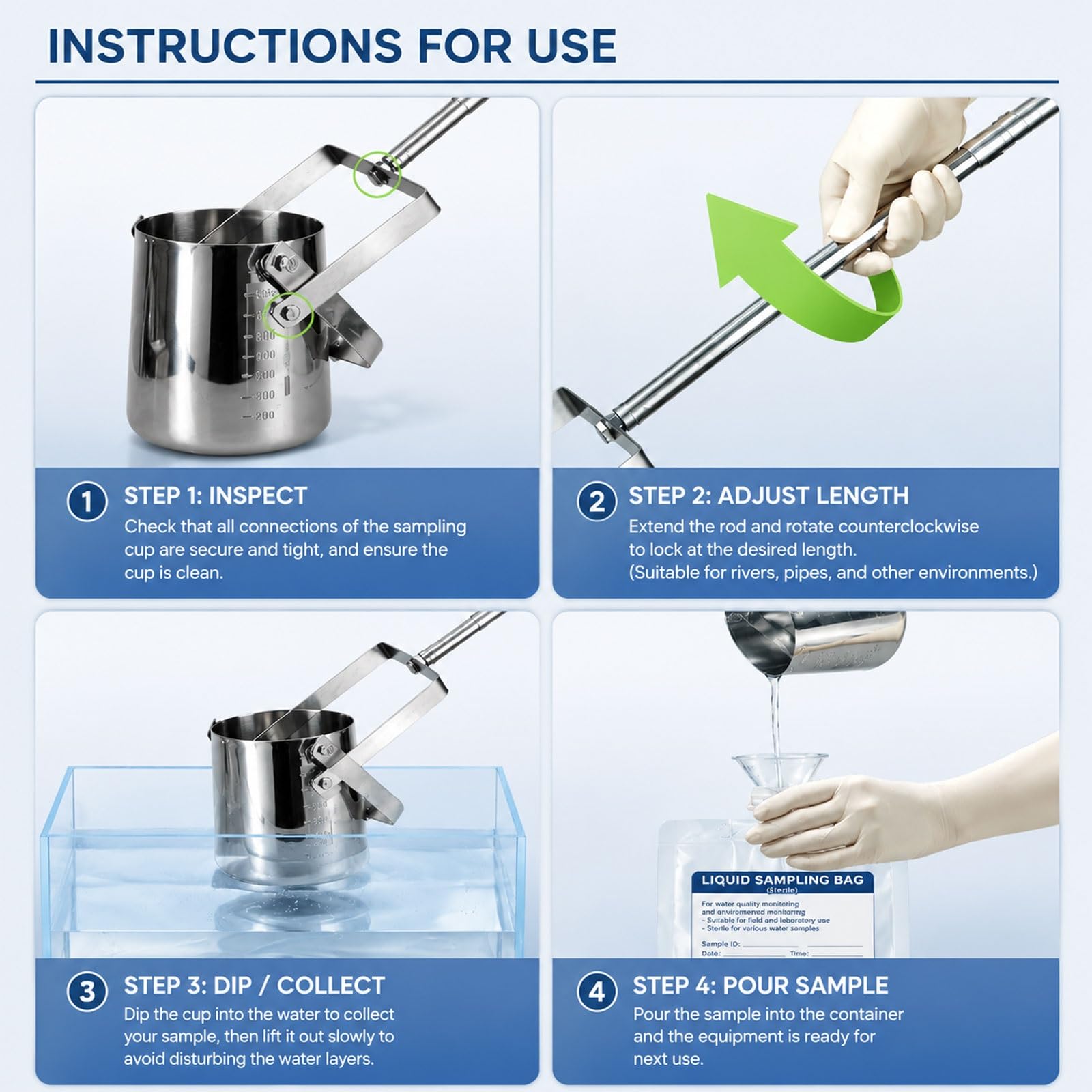 Kit de muestreo de agua de 500/1000 ml con varilla de acero inoxidable | Pértiga para la toma de muestras de agua con vaso graduado, para muestreo de laboratorio(Metal 500ml,0.9-2.5m/3.2-8.2ft)