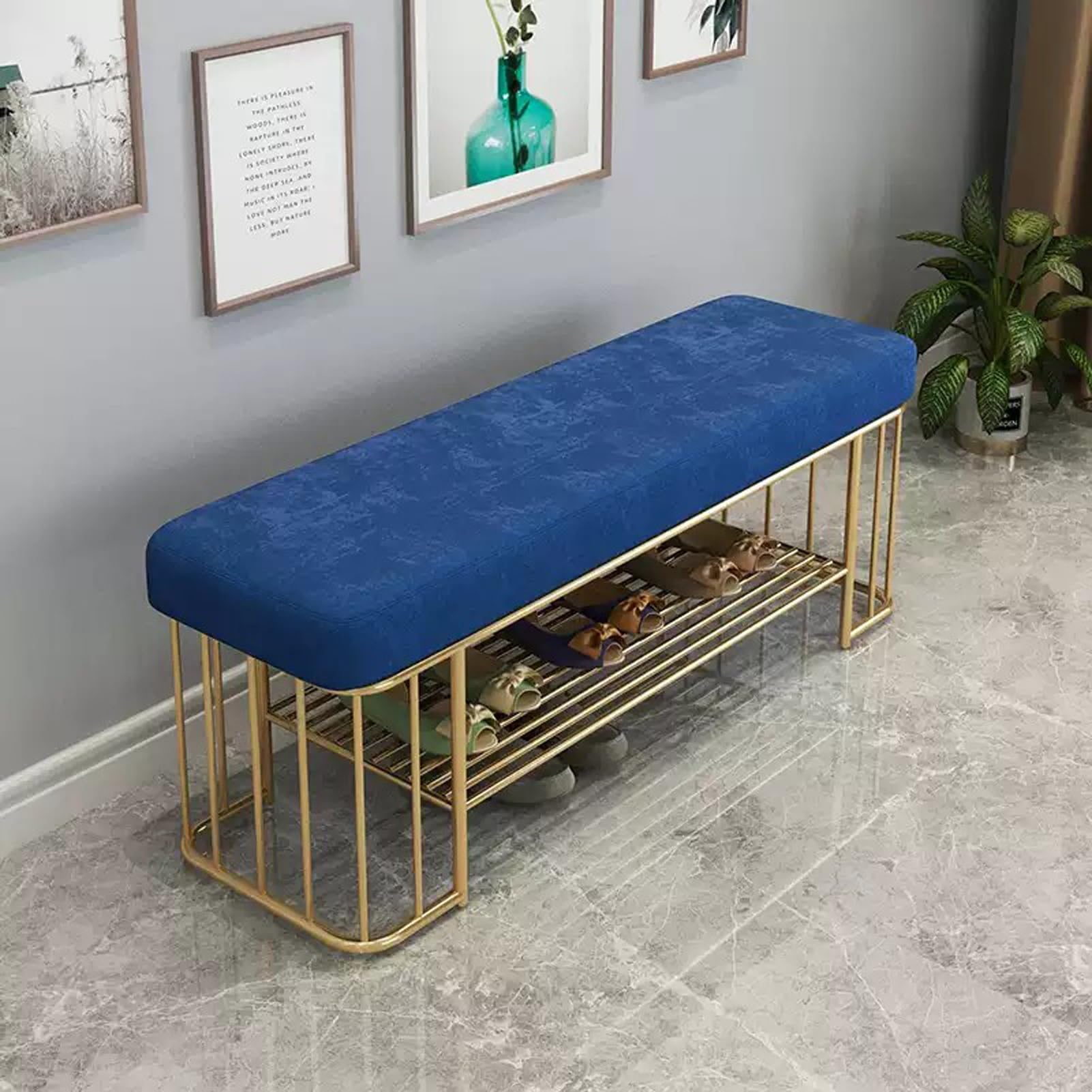 Banc à chaussures en velours bleu 60x35x45 cm avec cadre doré