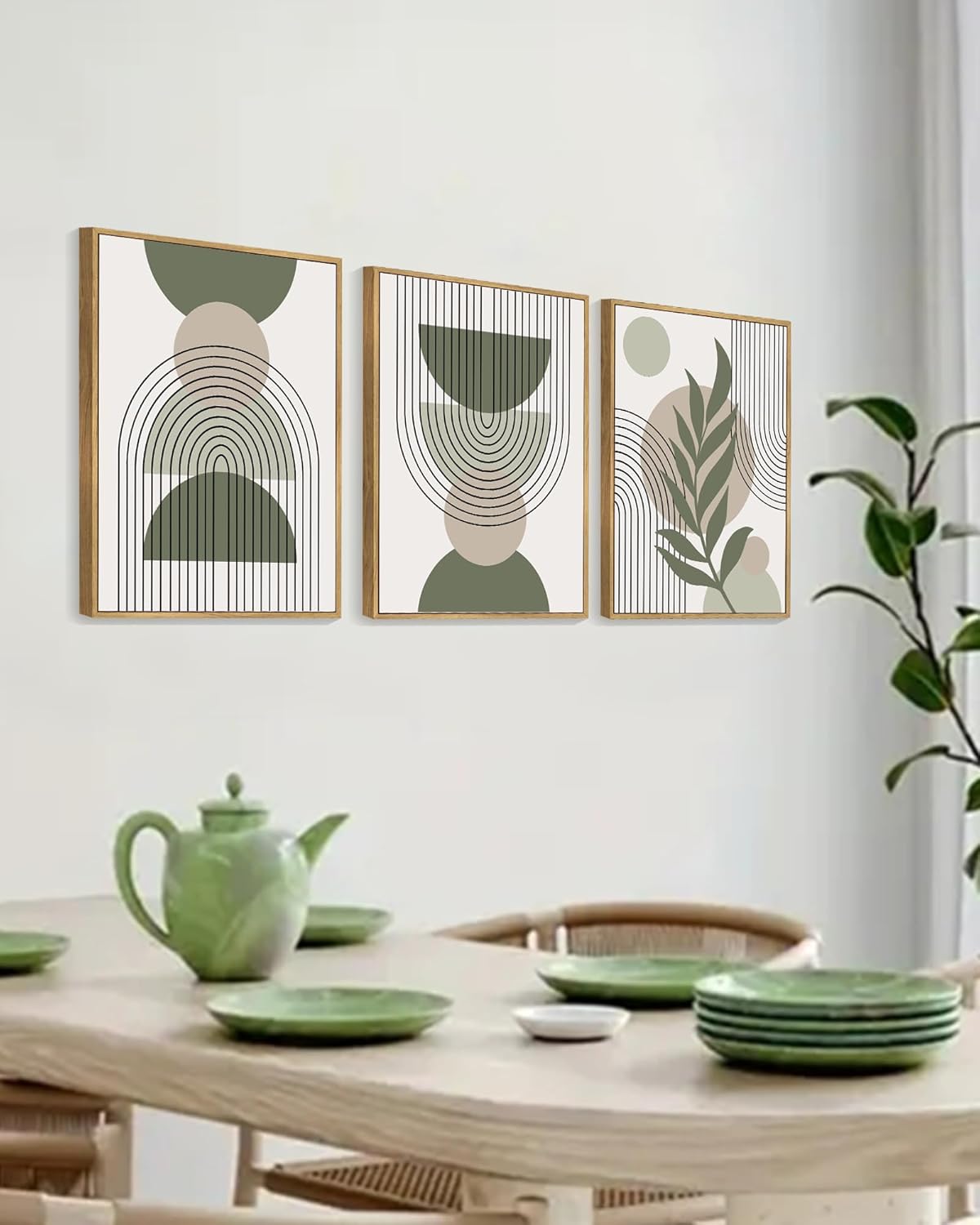 Drsoum 11x14in Boho Wall Art Green Sage Decor Framed Wood Modern Bohemian Abstract Geometry Canvas Prints Ready to Hang