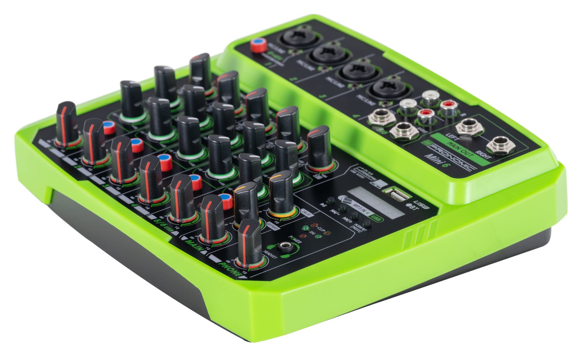 Pronomic Mini6 6-Channel Mixer with Multimedia Player - USB Powered, 4 Combo Jacks, Stereo Input, Bluetooth®, Audio Interface - Green