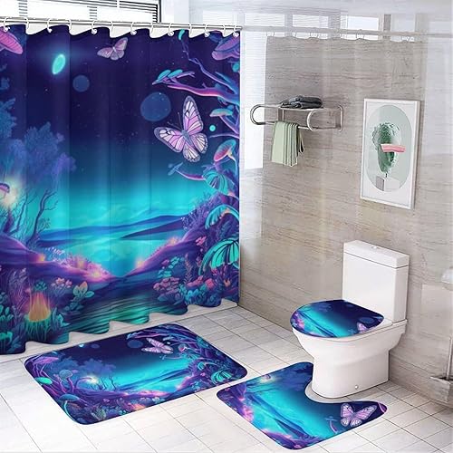 Juego de 4 cortinas de ducha de baño, juegos de baño con alfombras (tapete de baño, forma de U y tapa de inodoro), juego de decoración de baño de