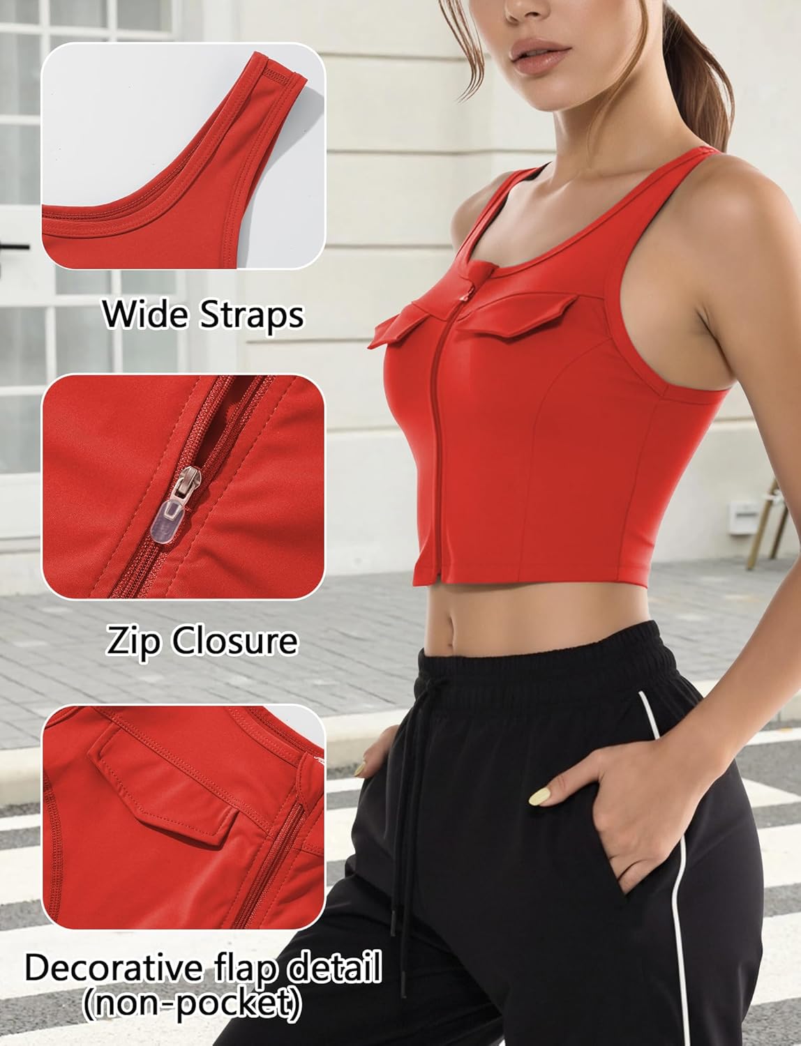 FEOYA Cargo Athletic Vest for Women Full Zip Up Workout Tank Sleeveless U Neck Yoga Gym Crop Top