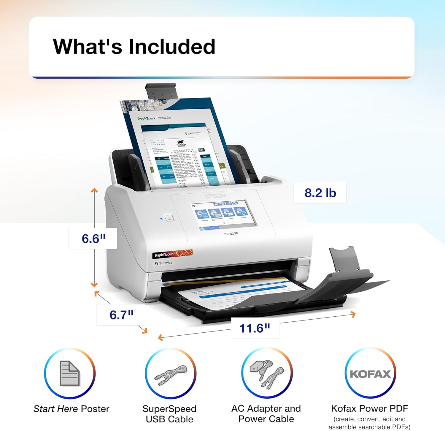 Epson RapidReceipt RR-620W Wireless & USB High-Speed AI & Cloud Ready Desktop Color Duplex Receipt & Document Scanner for Mac & PC, up to 45 ppm, 4.3" Color Touchscreen, 100-Page Auto Document Feeder 9 71S1aYNmaSL. AC SL1500