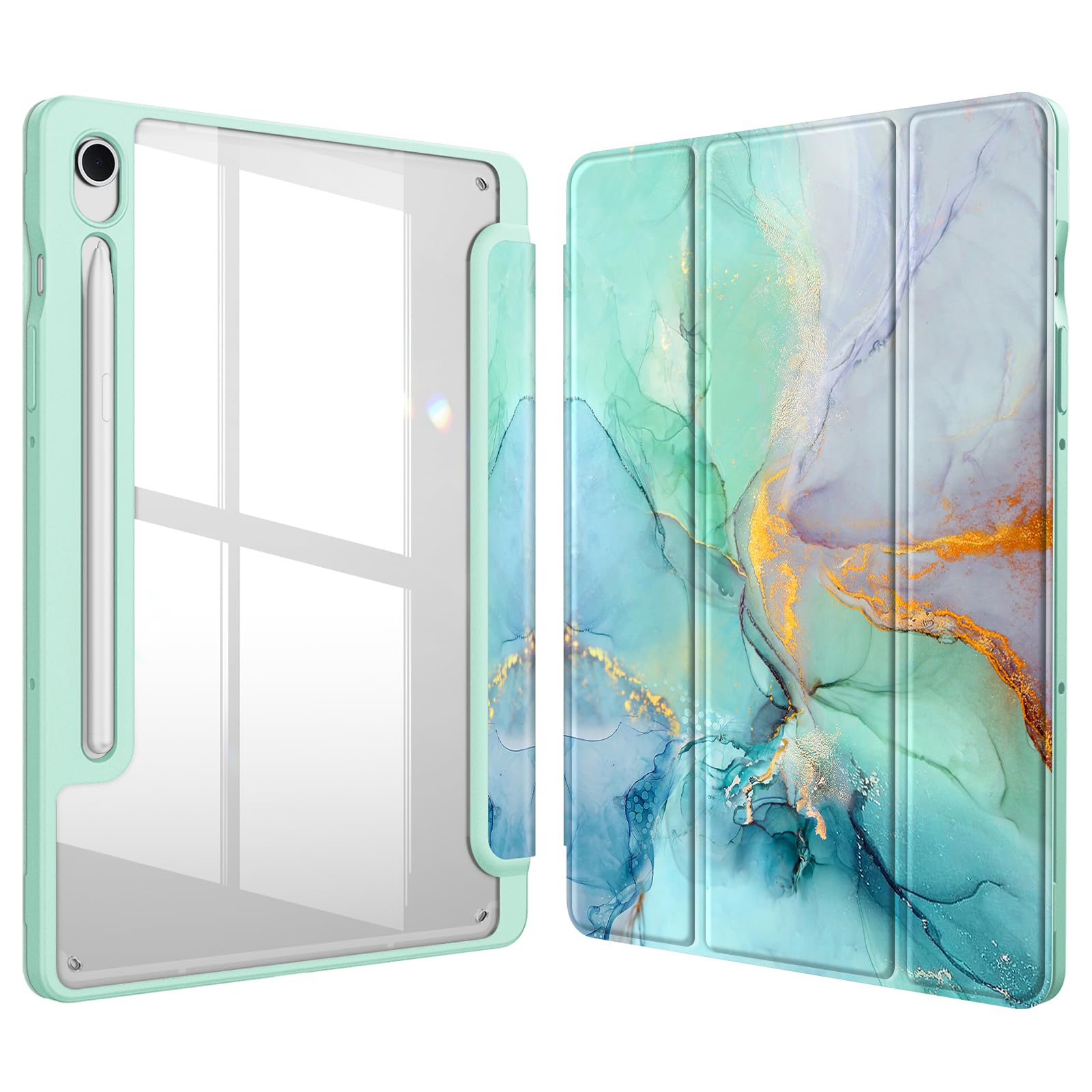 FINTIE Hybrid Slim Case for Samsung Galaxy Tab S9 FE 10.9 Inch/Galaxy Tab S9 11 Inch 2023 with S Pen Holder, Shockproof Cover with Clear Transparent Back Shell, Auto Wake/Sleep, Emerald Marble