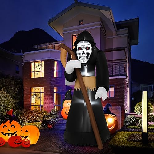 Miniatura 2 de GOFLAME Parca inflable de Halloween de 8 pies con guadaña, decoración de patio inflable con luces LED integradas, 2 bolsas de arena, fantasma