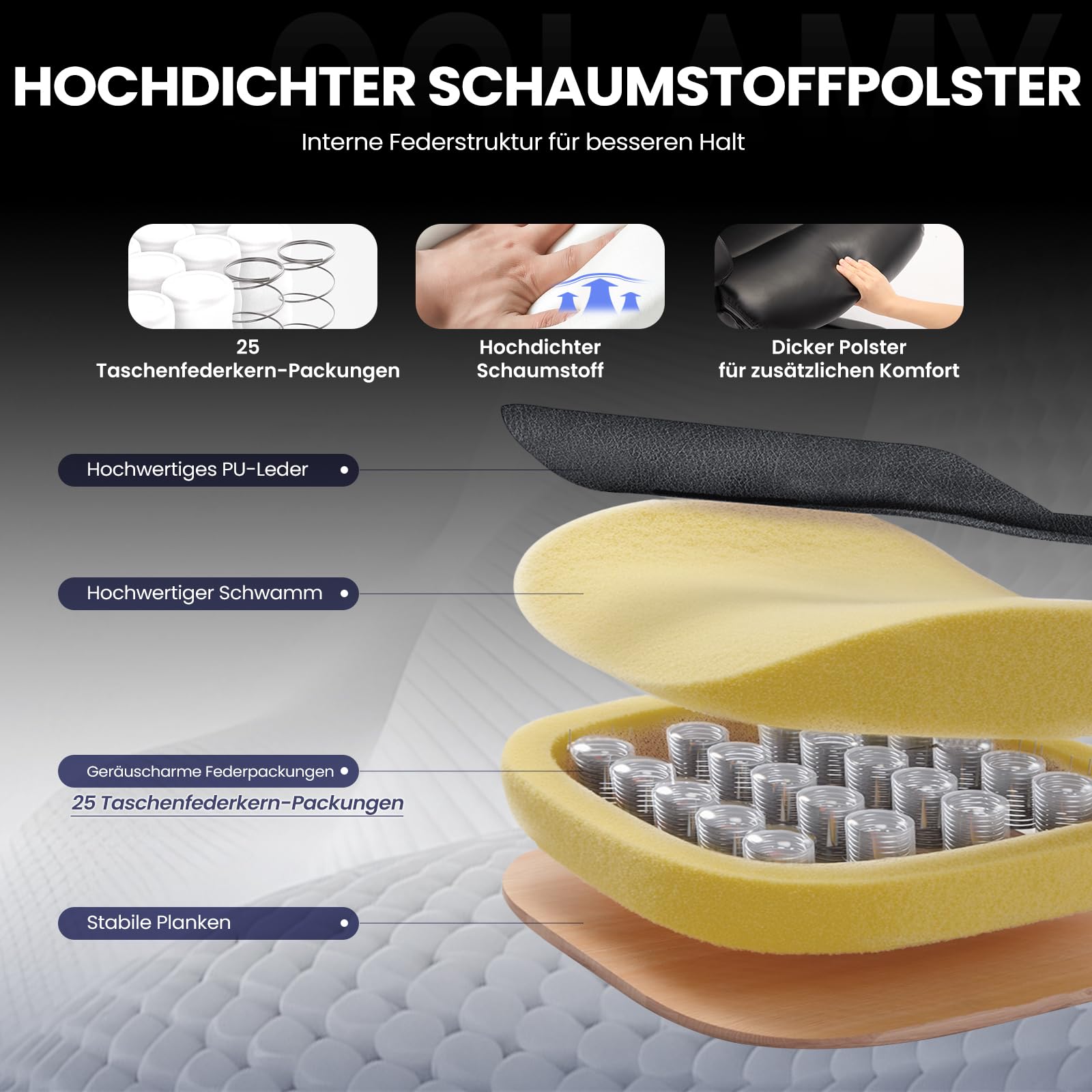 COLAMY XXL Chefsessel[181kgs] - Hochlehner Bürostuhl Leder mit verstellbaren Armlehnen - Extra breiter Sitz (59cm) für Homeoffice und Büro, Schwarz