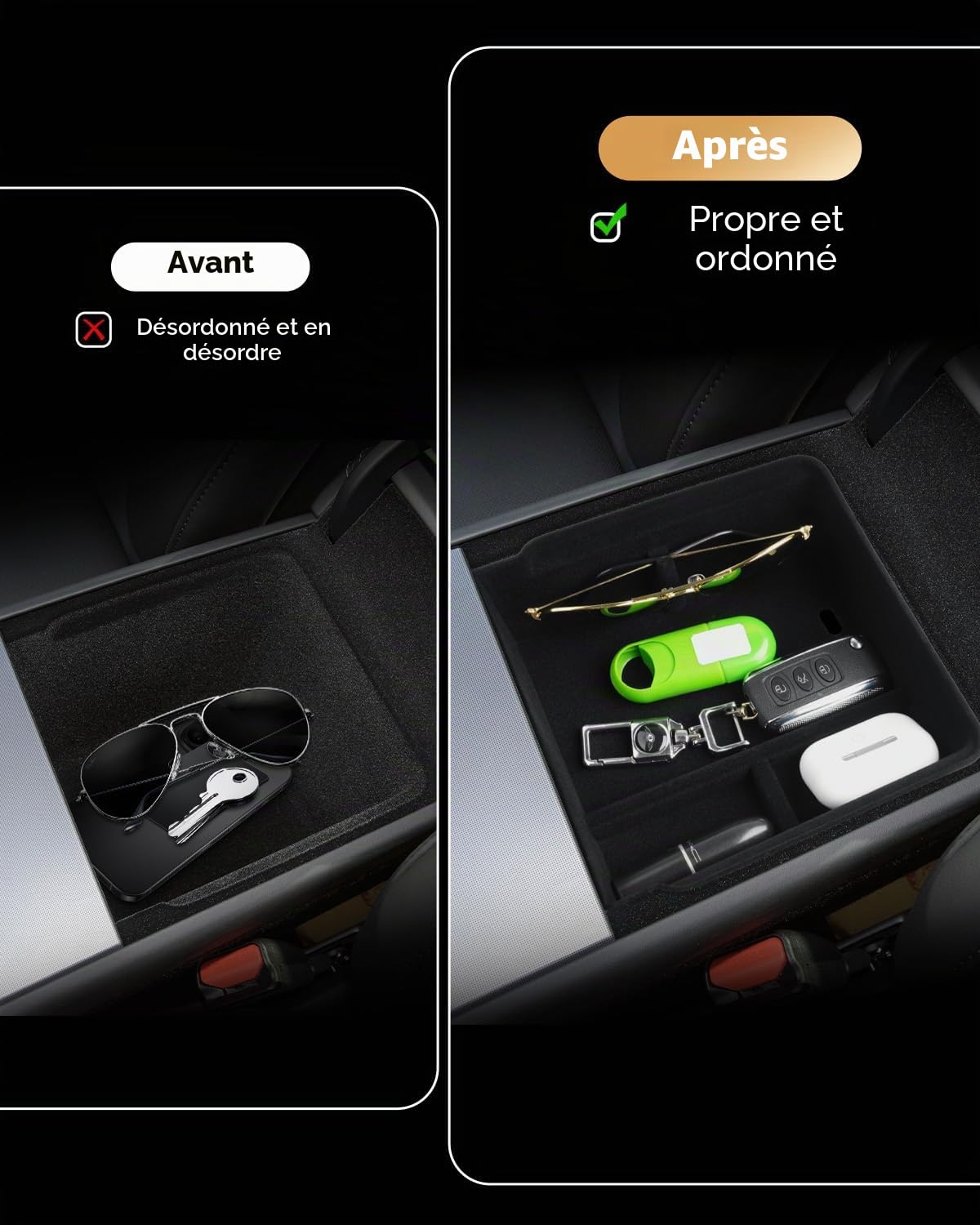 4PCS Organiseur Console Centrale Tesla Model Y 2025 2026Juniper organiseur accoudoir voiture, Boîte de rangement dissimulée, Plateau d'accoudoir(floqué), silencieux et antidérapant Accessoires Model Y