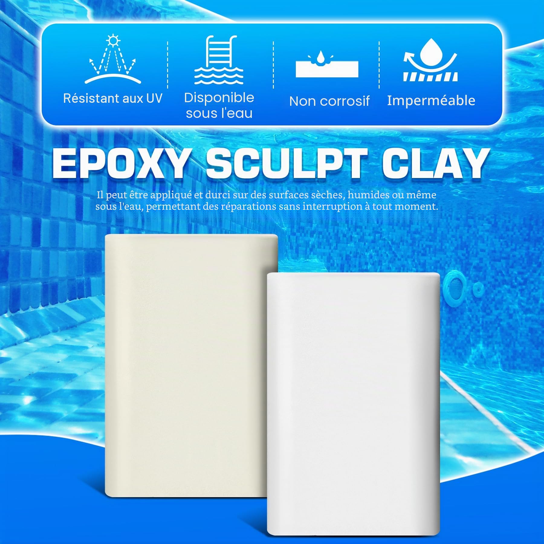 Mastic époxy 340g réparation rapide piscine sous l'eau sur l'eau 2 parties argile gravée métal carreaux plastique