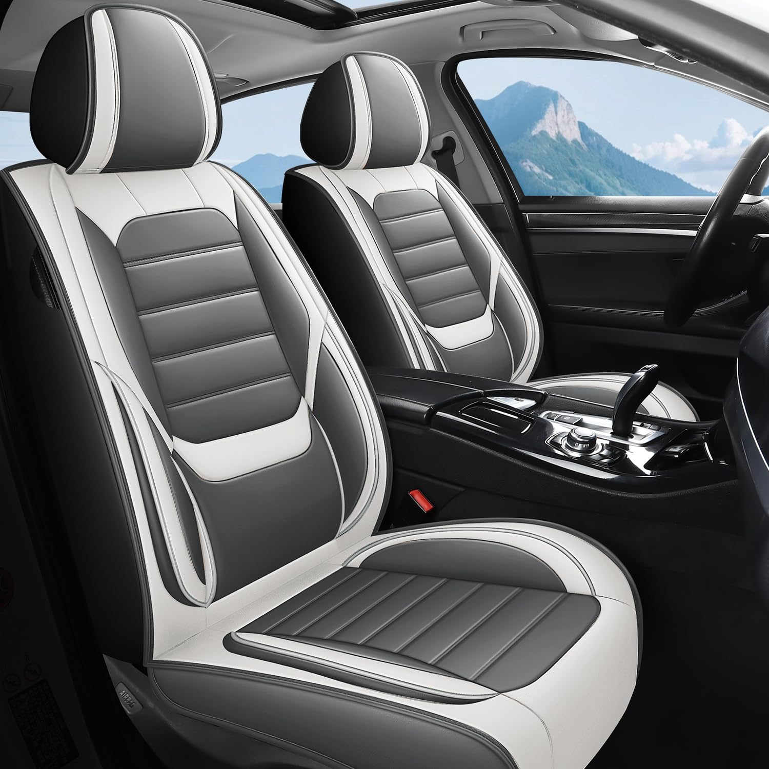 Uoheiikl Car Seat Covers for Suzuki Aerio 2002-2007,5-Seat Luxury Nappa Leather Car Seat Cover Full Set Waterproof Protector,Anti-Slip Automotive Seat Covers,Car Interior Cover Seat(Gray+White)