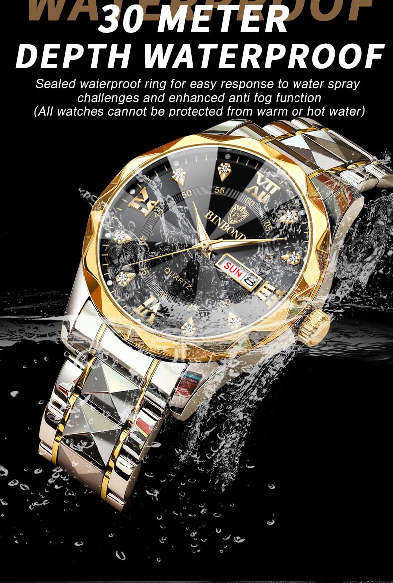 Gosasa Reloj analógico de cuarzo para hombre y mujer, de acero inoxidable, con números romanos, resistente al agua, con calendario, fecha, color dorado y plateado
