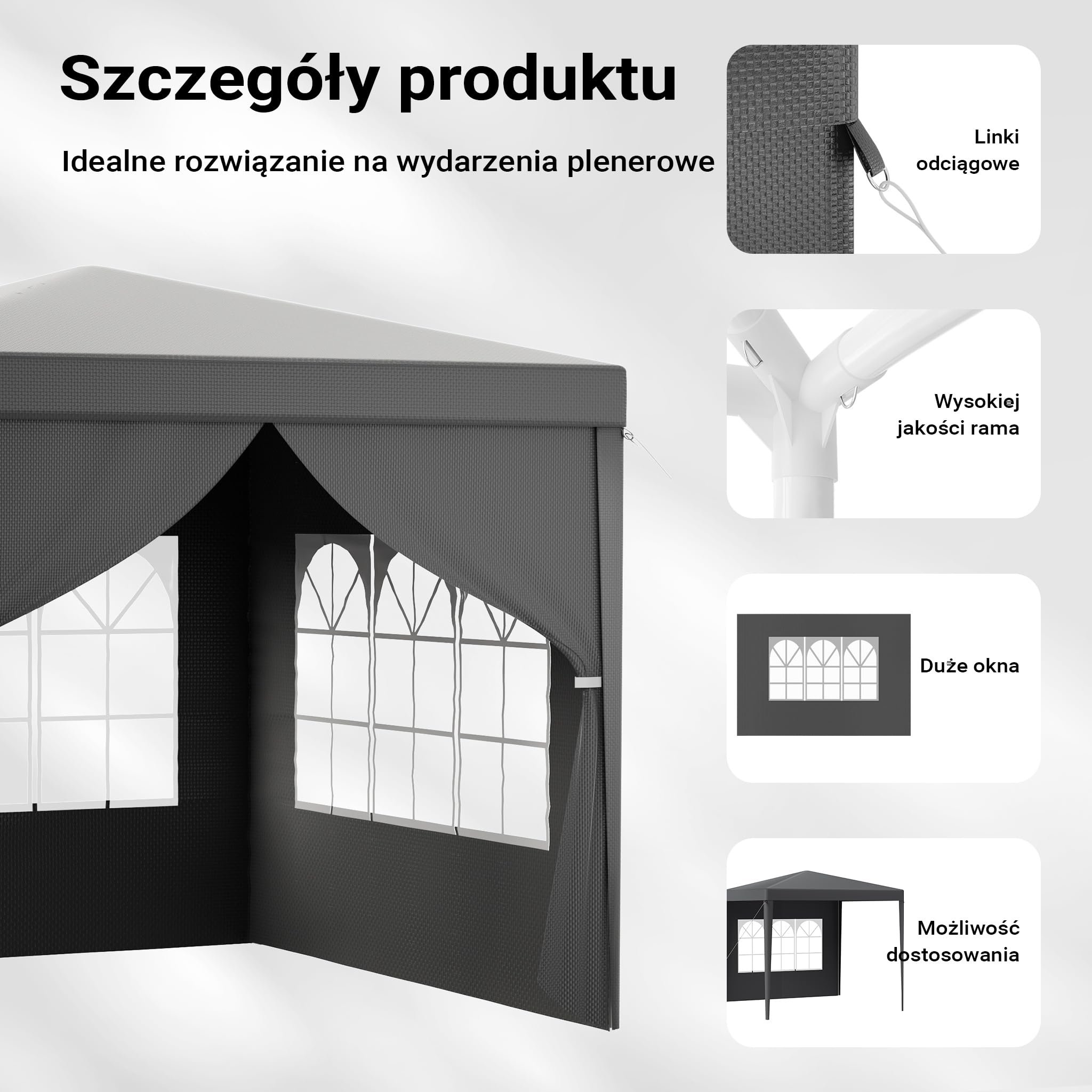 Toboli Pawilon 3 x 3 m w kolorze szarym z ochroną UV 50+, altana ogrodowa ze zdejmowanymi bokami, namiot imprezowy z oknami, np. na taras i festiwale