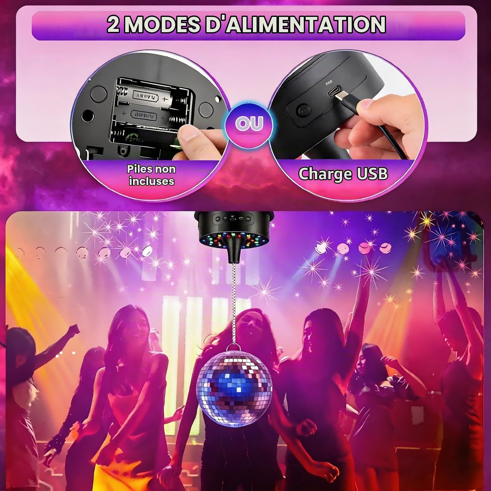Moteur Boule Facettes 0-15 RPM 6 vitesses, LED & Télécommande pour Fête