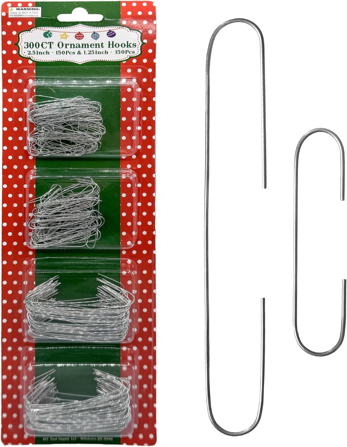Regent Silver Ornament Hooks 300 Pack: 100 Jumbo 2.5" + 200 Regular 1.25" Wire Hangers for Christmas Trees & Holiday Decor