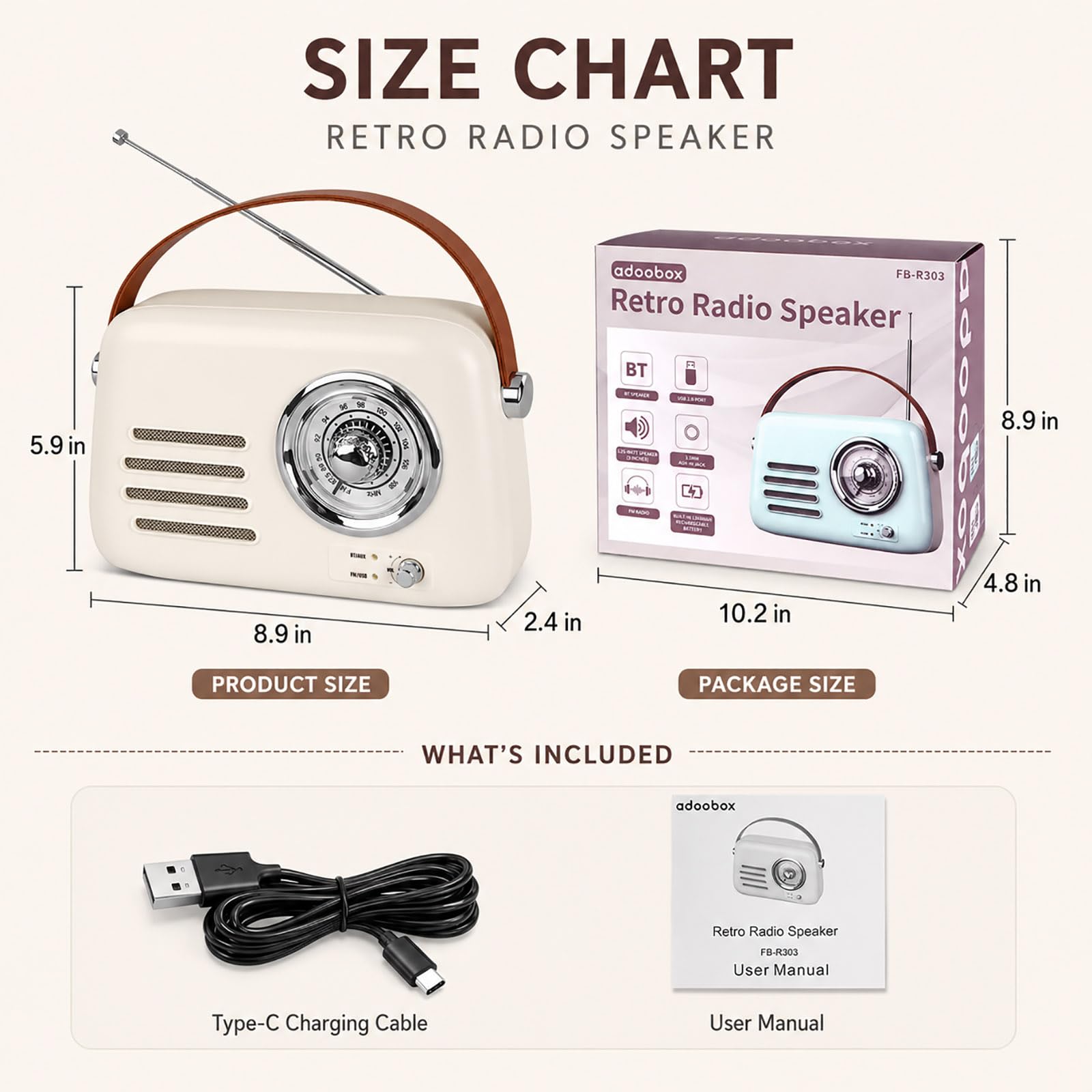 Vintage Bluetooth Lautsprecher mit FM Radio - Tragbare Wireless Boom Box, 4 in 1 Sound (Bluetooth/FM/AUX/USB), Satte Bass, für Zuhause, Büro, Camping & Geschenke (Beige)