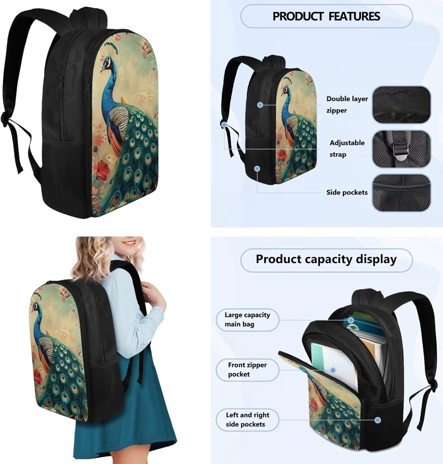 Flashideas Peacock Kids Backpack Set 4 Piece School Backpack Set with Insulated Water Bottle Portable Lunch Bag Water Bottle Holder with Strap for Kids Teens Elementary Middle School