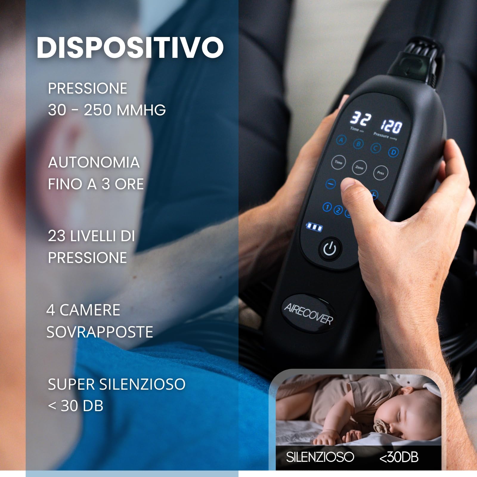 Pressoterapia Linfodrenaggio,Massaggiatore Gambe Wireless per Dolori e Circolazione, Rilassamento Muscolare & Recupero, con 4 Camere, 30-250 mmHg, 4 Modalità, Batteria 3h (L)