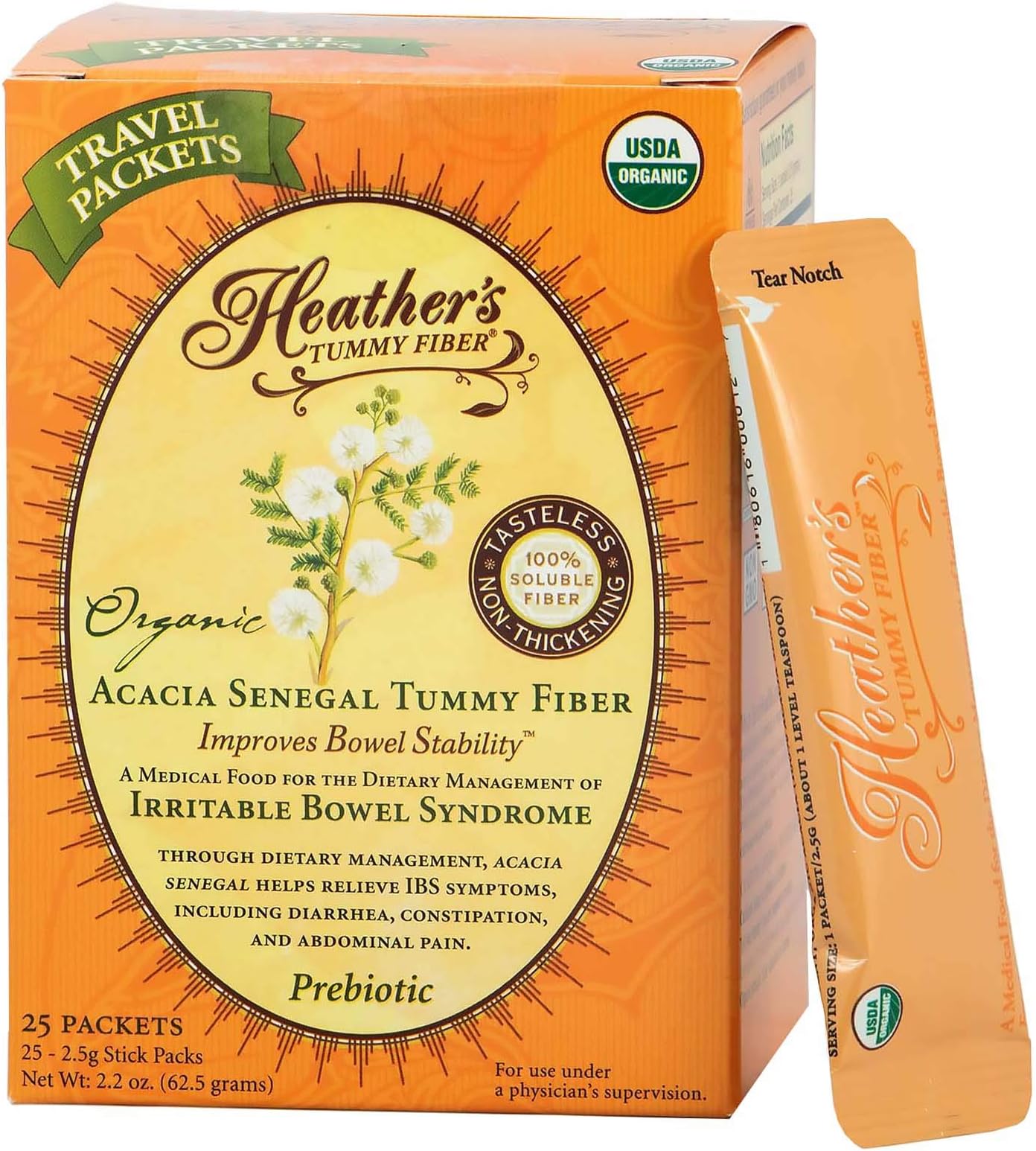 Heather's Tummy Fiber Organic Acacia Senegal Packets for IBS, 25 Count Travel Packs