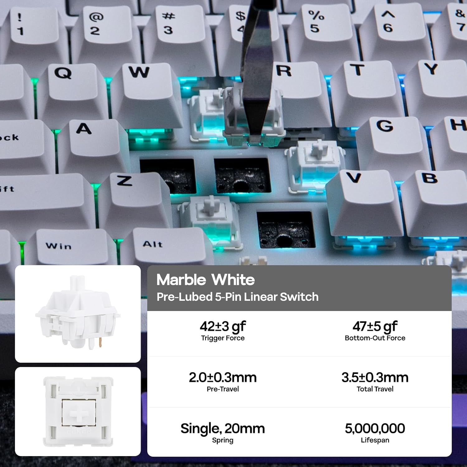 EPOMAKER Galaxy100 QMK/VIA Wireless Gaming Keyboard, Aluminum Shell, BT/2.4Ghz/USB-C, Pre-Lubed Hot-Swappable Linear Switches, NKRO, RGB Backlit (White Purple, Marble White Switch)