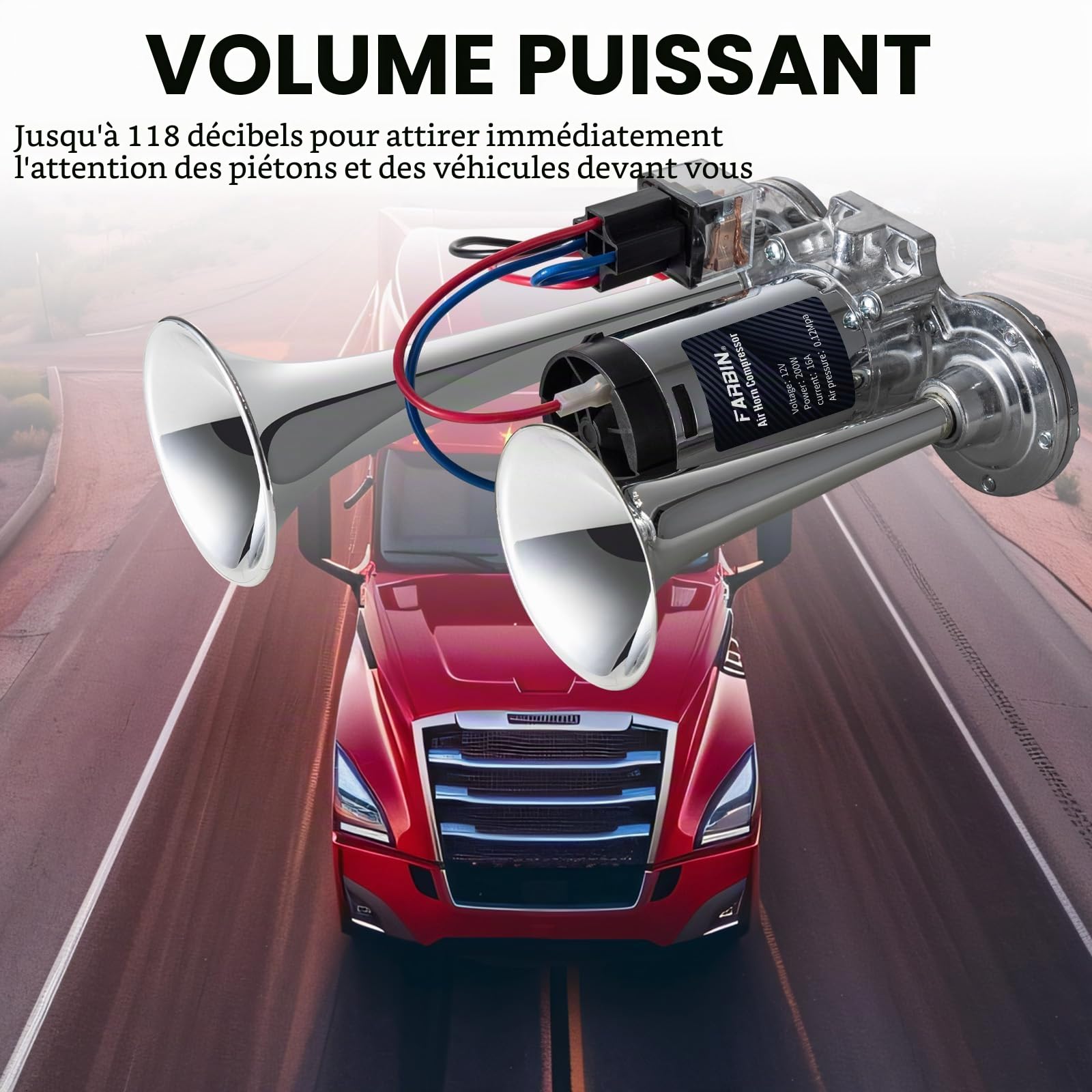 FARBIN Klaxon à air 12V avec compresseur pour voiture, camion, 118 dB, double trompette, avertisseur sonore pour train, bus, fourgonnette, voiture, bateau