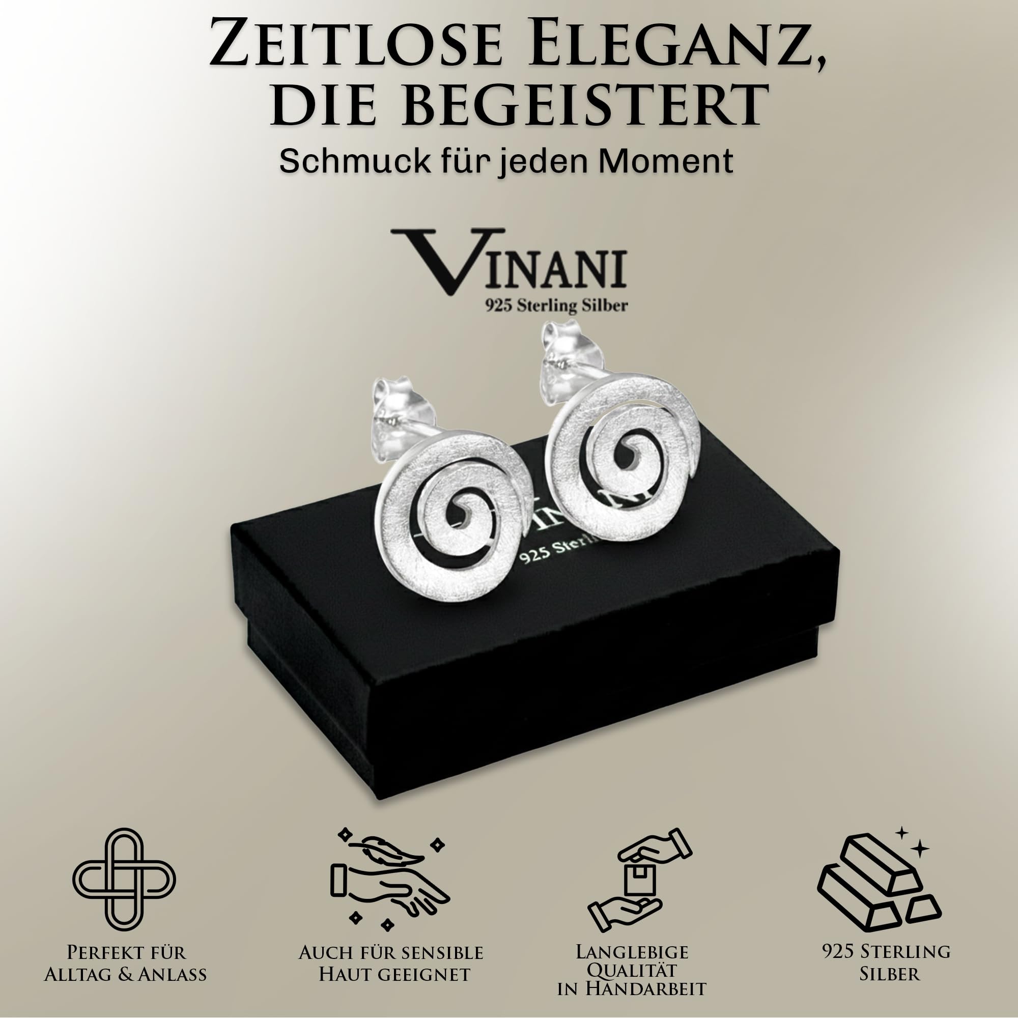 Vinani Damen Ohrringe 925 Silber - Ohrstecker Set für Frauen aus 925 Sterling Silber Spirale gebürstet gebogen OSQ