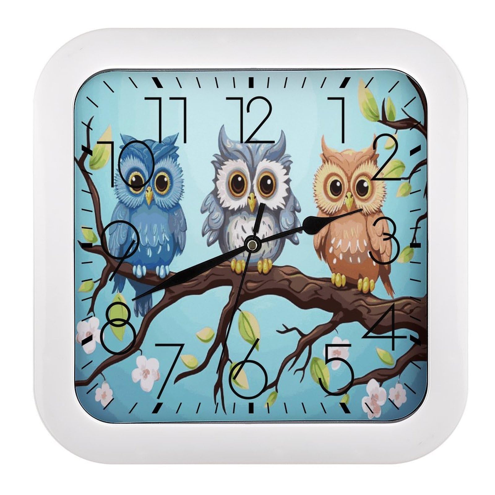LDGSUPH Owls on A Branch Wall Clock Silent Non-Ticking Modern Clock Personalized Vintage Square Clocks for Travel Office Kitchen Home Decorative Clocks 10.2 Inch