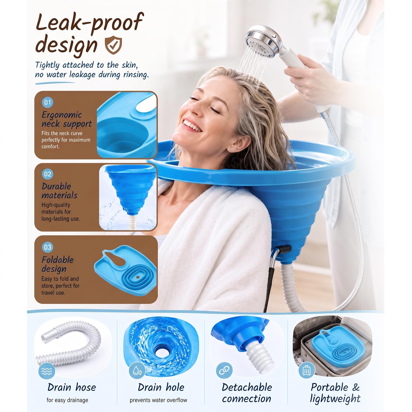 Lavabo plegable para el pelo postrado en cama, lavamanos de champú móvil, lavamanos de cabeza portátil con drenaje, ahorro de espacio, para personas mayores, embarazadas, salones y niños