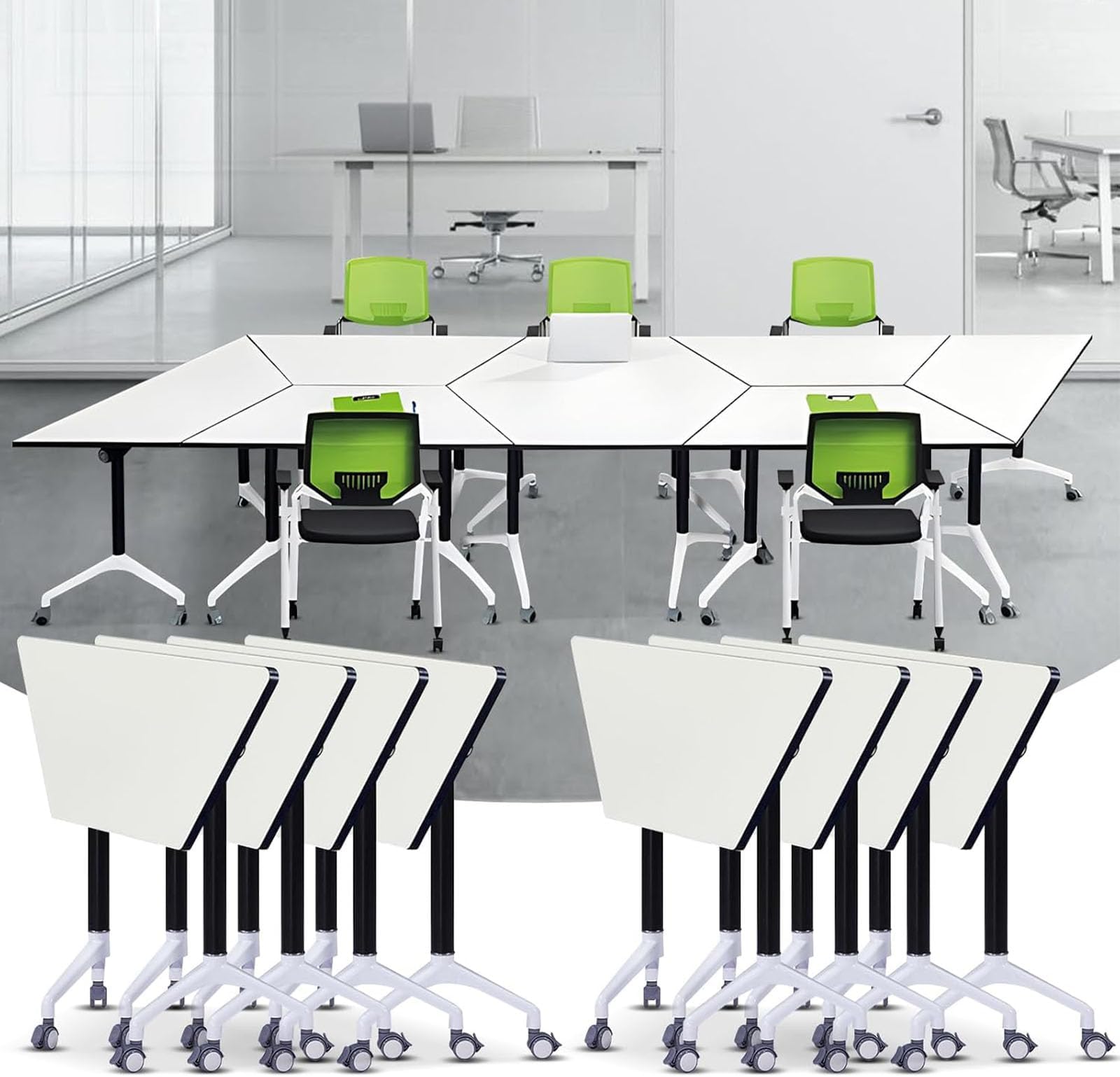 Conference Table, Folding Conference Room Tables with Flip-Top Design, Modern Rectangle Meeting Seminar Desk, Mobile with Wheels for Offices, Classrooms, and Meeting Room