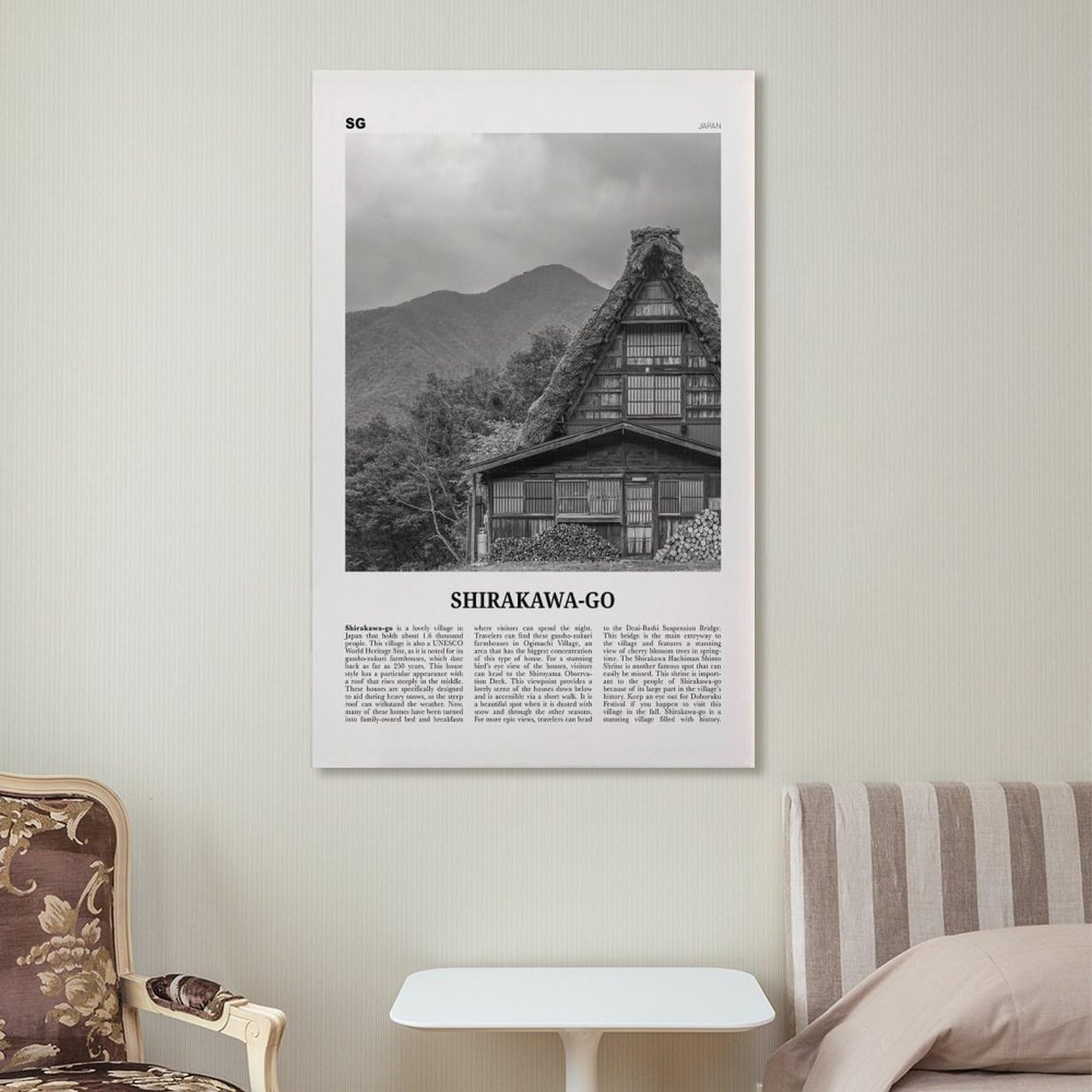 Shirakawa-go Imprimir Blanco y Negro, Shirakawa-go Arte de la Pared, Cartel de Shirakawa-go, Foto de Shirakawa-go decoración de Shirakawa-go Mapa de Shirakawa-go Japón Lienzo WA