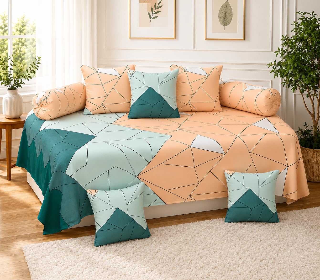 Cotton Diwan Set 8 Piece with Single Bedsheet, Bolster & Cushion Covers (Peach Blue Mountains Diwan Set)-image-4