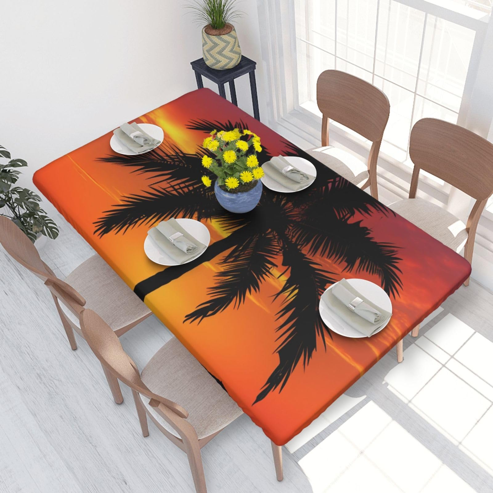 DCARSETCV palm tree sunset Printed 4FT Waterproof Tablecloth with Elastic Edged Protect & Decor Your Table, Oil-proof Washable Table Cloth Cover for Dinner Picnic Party