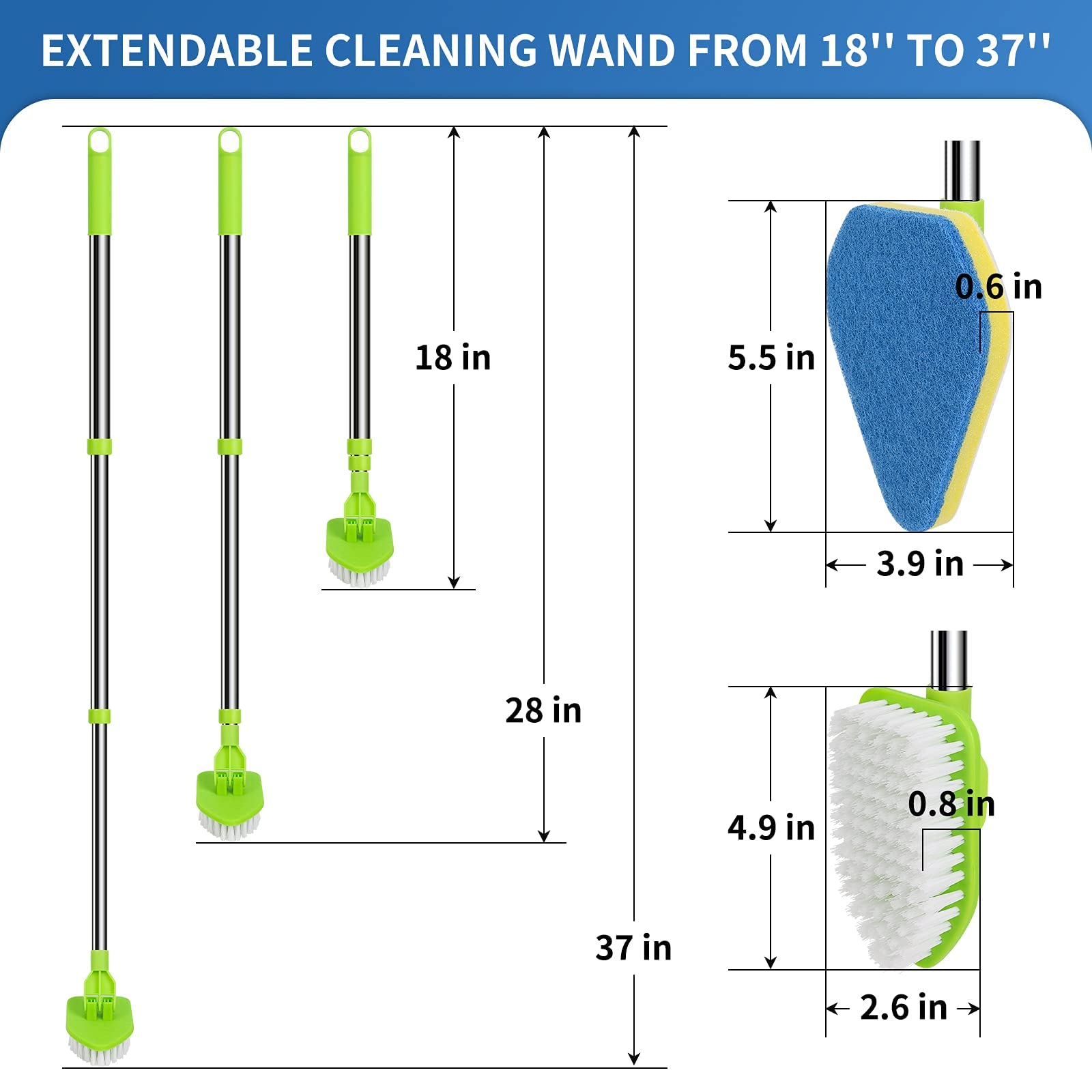 Cepillo de Limpieza 2 en 1 con Mango Extensible de 37 Pulgadas de Largo, 1 cerdas rígidas y 3 cepillos de Esponja, Limpiador de Ducha Desmontable Ligero para Limpiar baño, Ducha, bañera,