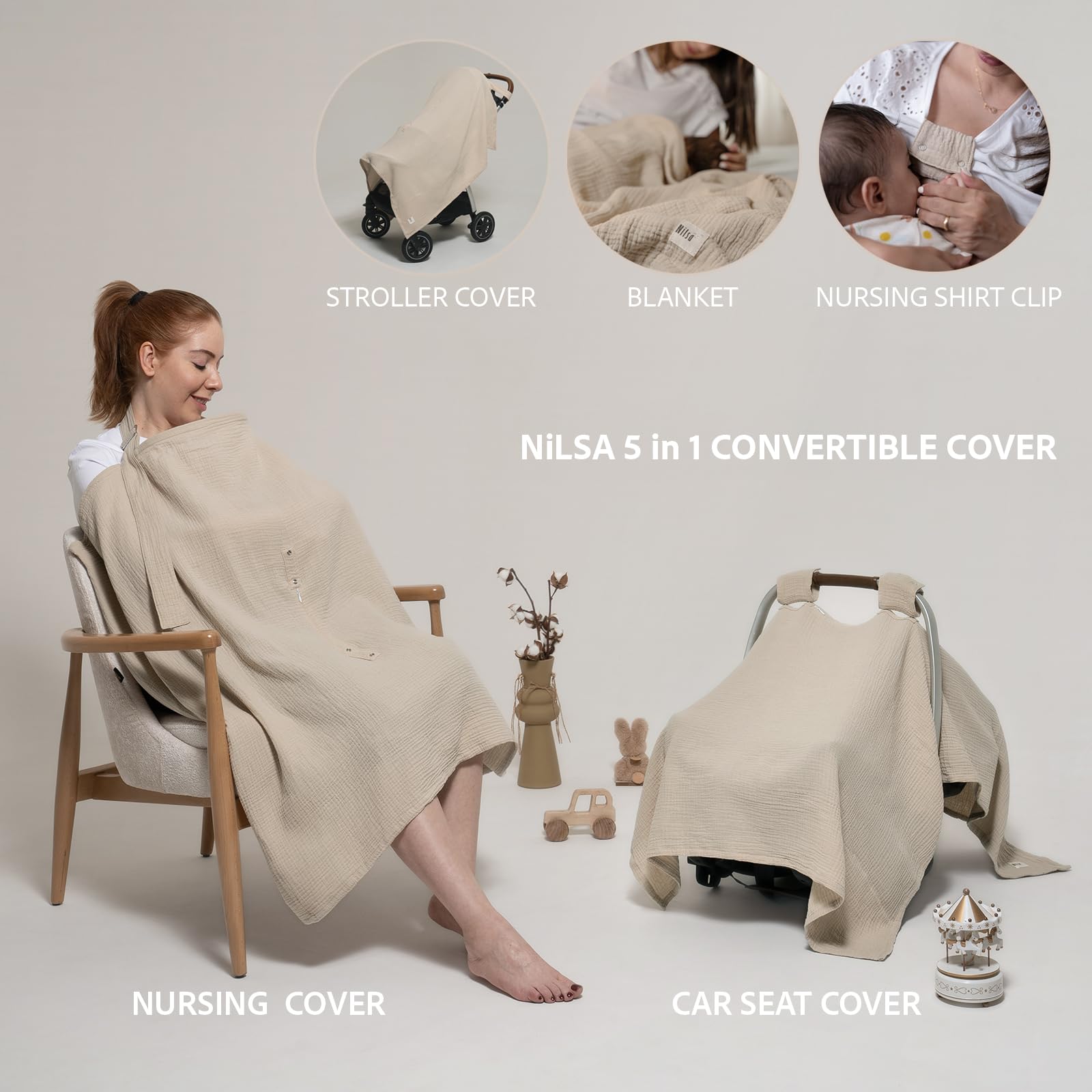 Nilsa Funda de muselina para lactancia materna, delantal de lactancia, toldo multifuncional para asiento de coche