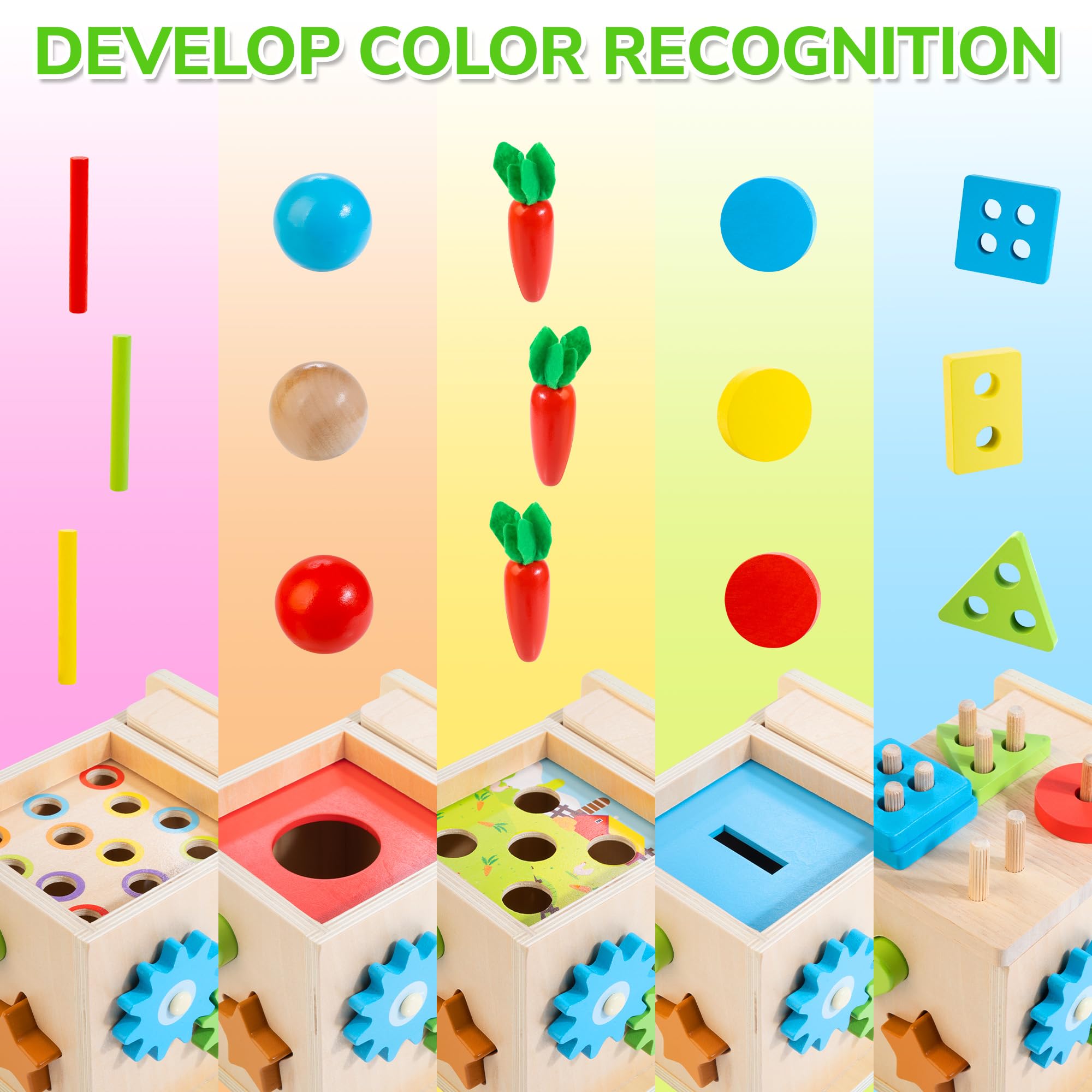 Juguetes Montessori para niños de más de 1 año, kit de juego de madera 8 en 1, incluye caja permanente de objetos, cubo de actividades de aprendizaje, juguete de clasificación y apilamiento, 4