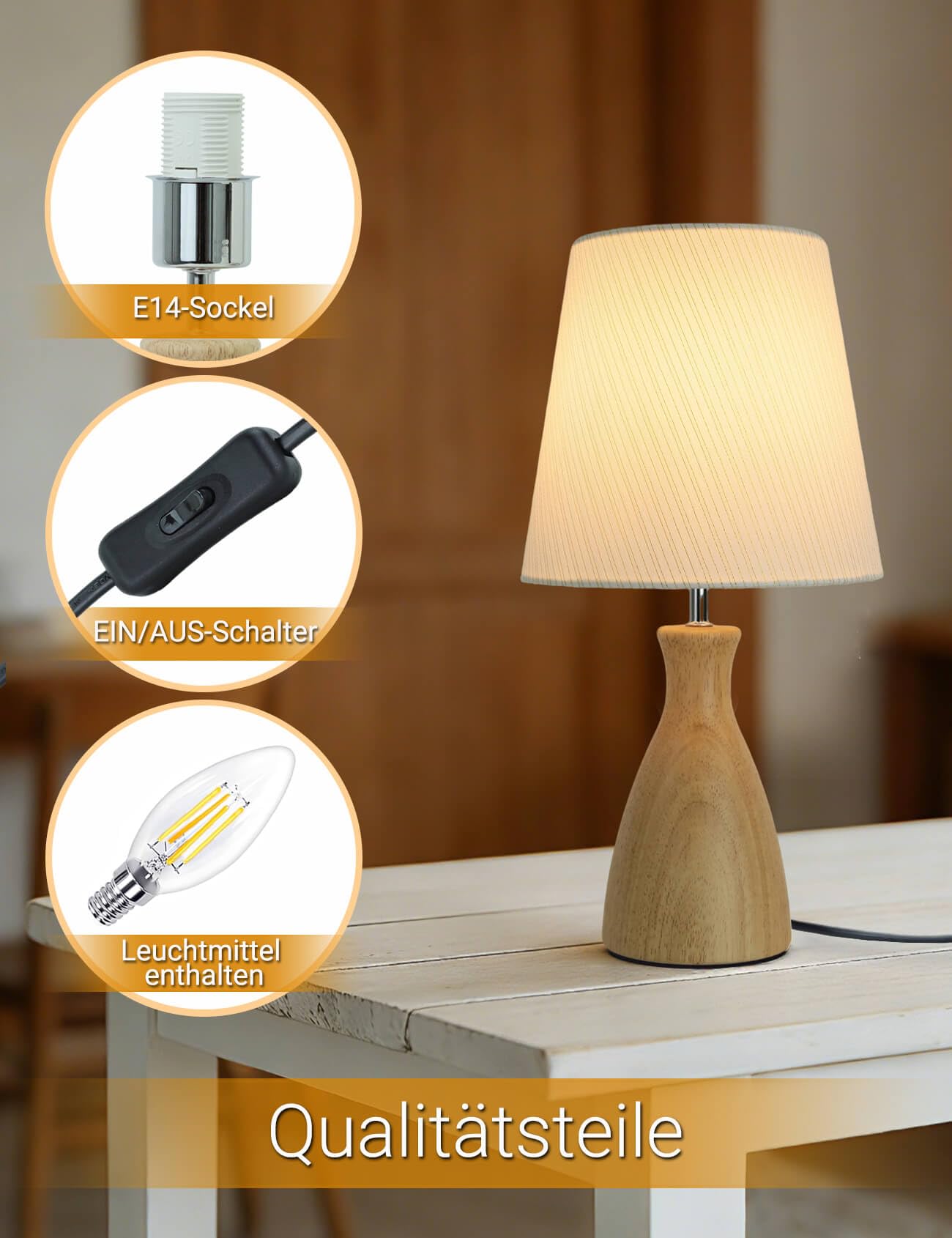 HSLighting Lampka nocna z drewna, lampa stołowa z kablem, regulowany włącznik/wyłącznik, złote nitki, abażur materiałowy, minimalistyczna lampa stołowa na stolik nocny do sypialni, salonu, prezent