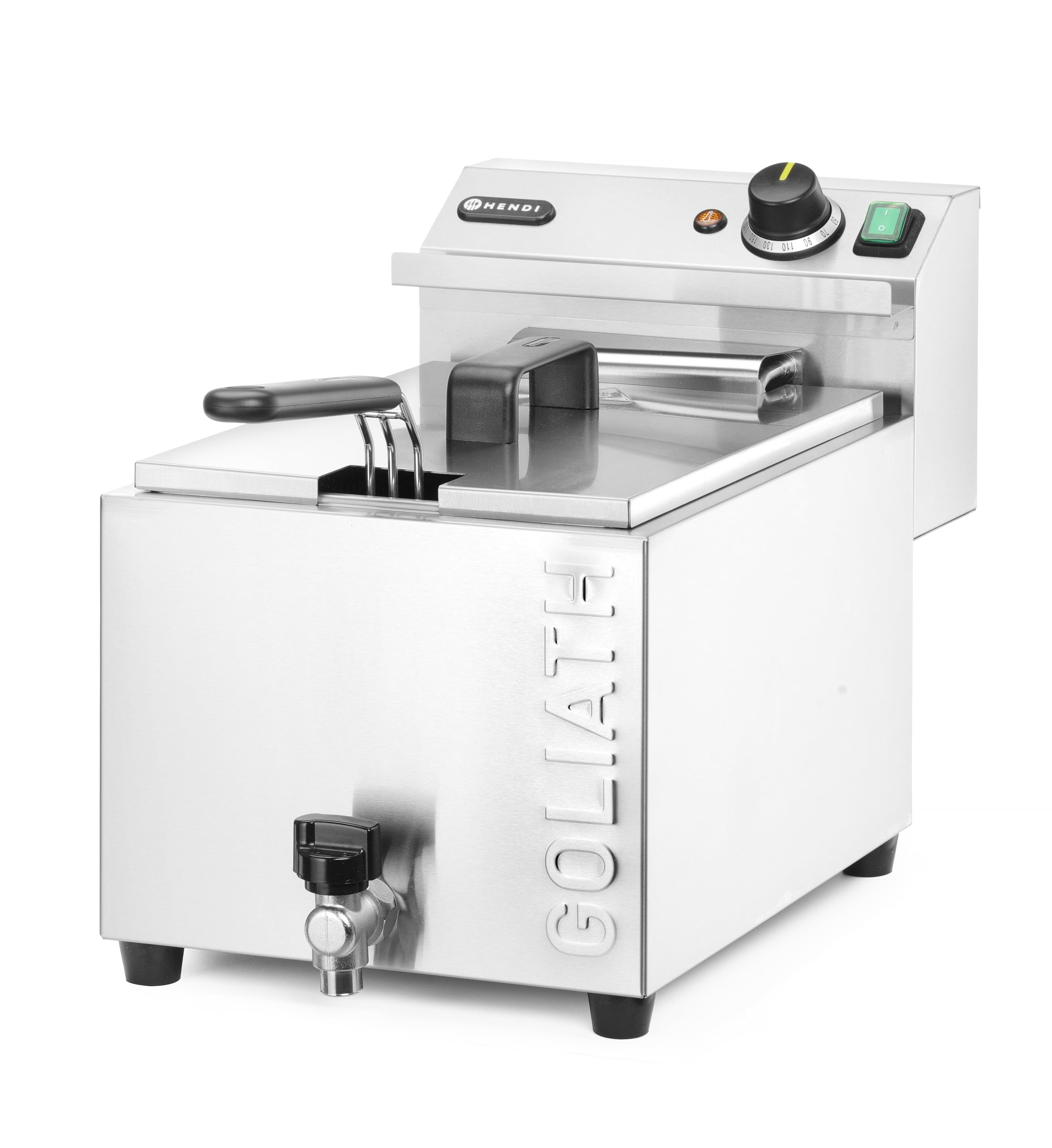 HENDI Freidora eléctrica XL GOLIATH, con grifo de vaciado, 50 °C-190 °C, zona fría, con tapa y cesta de freír, 10L, muy potente: 10200W, 400V, 300x585x(H)392mm, acero inoxidable