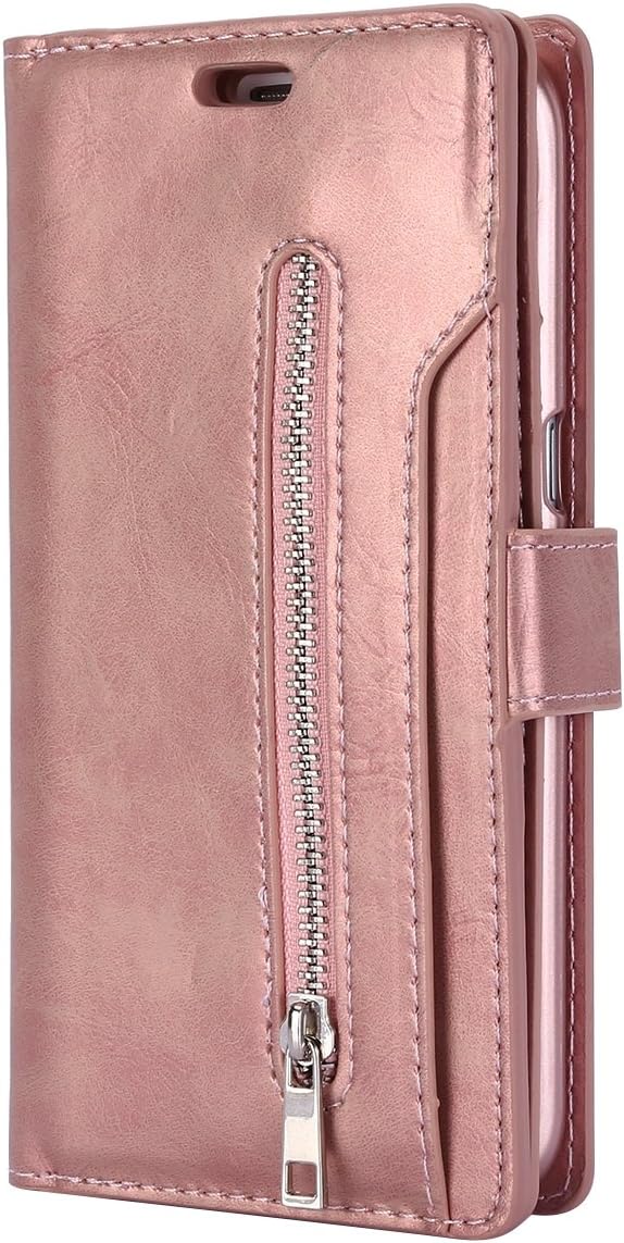 Galaxy S7 edge Zipper Leather Case, Samsung S7 edge Wallet Cover, Ekakashop Pure Color Premium Fashion Wallet Flip Case in PU Leather with 9 Card slots, Cash slot, Ultra Slim-fit Soft Silicone Rubber Full body Protective Shockproof Case Cover for Samsung Galaxy S7 edge G935 with Ekakashop Kickstand (Color Random), Rose Gold