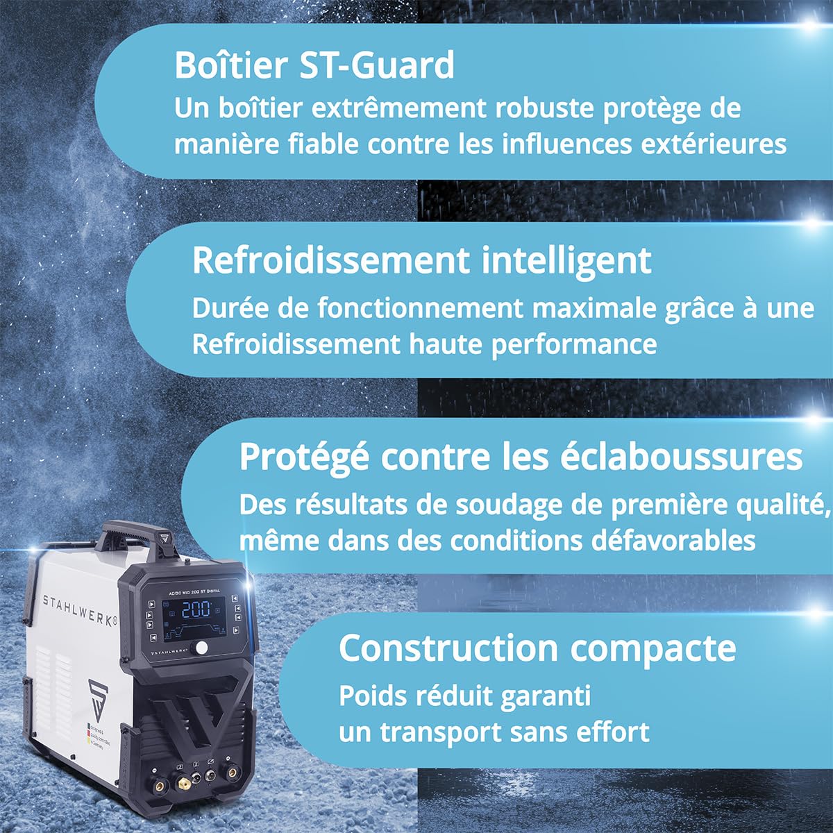 STAHLWERK Poste à souder combiné 3-en-1 AC/DC TIG 200 ST Digital – TIG & MMA (ARC) jusqu'à 200 A, mode Clean pour le nettoyage électrochimique des soudures inox, amorçage HF, fonction Spot