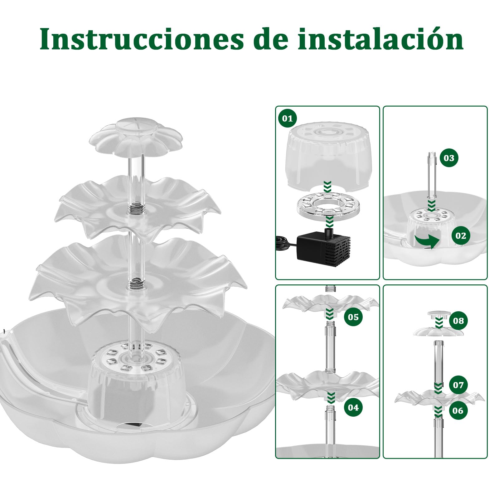 AISITIN Fuente Solar LED 6.5W con Batería, Baño para Pájaros | Batería 1800mAh Comedero 3 Niveles Desmontable Para Jardín Estanque Blanco