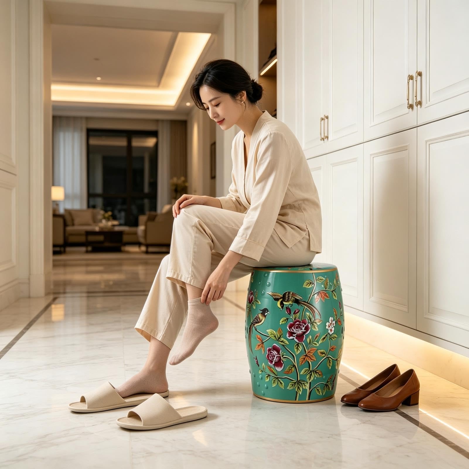 Ceramiczny Stołek Ogrodowy, Stołek Perkusyjny Z Motywem Kwiatowego Ptaka Chinoiserie, Stolik Boczny Z Akcentem Na Patio Na Zewnątrz, Do Salonu, Ogrodu, Balkonu(Green)