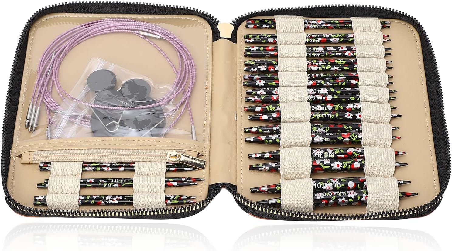 Dpofirs Interchangeable Knitting Needles Set, Circular Needles, 26 Pairs, 2 Adapters, 2 P Shaped Needles, 4 Buttons, 4 Cables, Aluminum, Brown PU Storage Bag