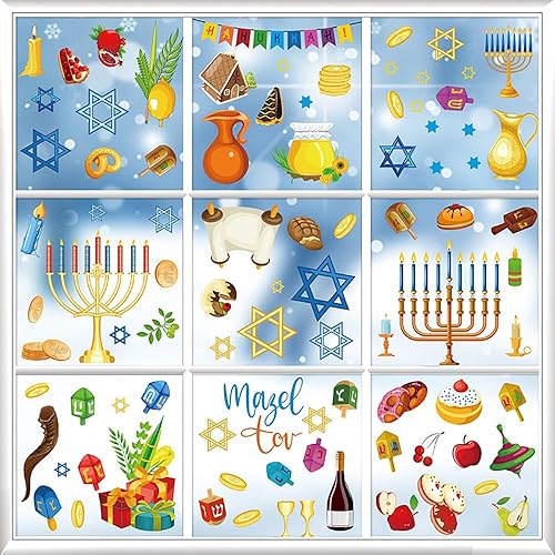 Miniatura 4 de Hanukkah - Calcomanías de ventana de cristal para decoración de menorá y Dreidel, 9 hojas de calcomanías estáticas de Janucá para ventana de aula,