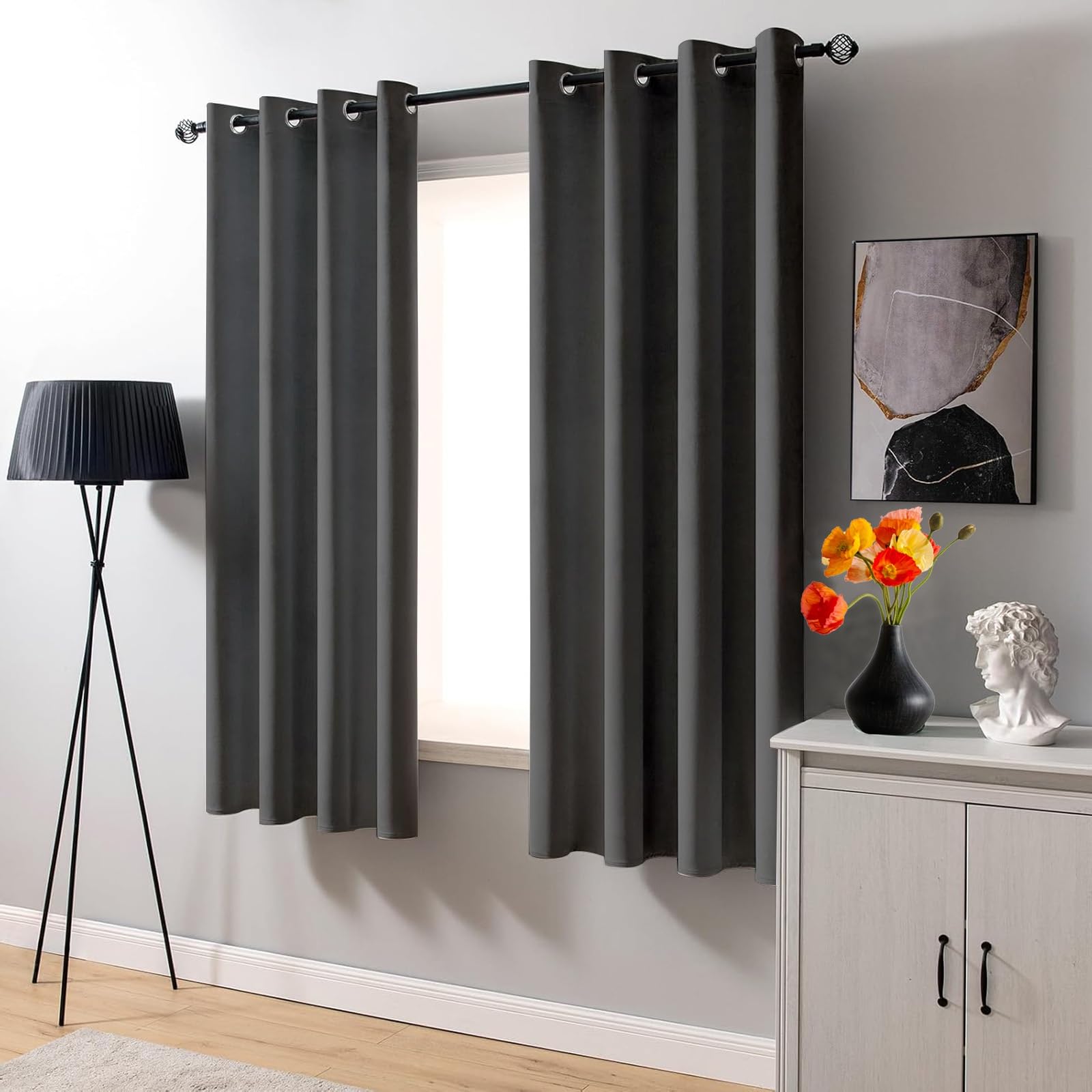 2 Pezzi Tende Oscuranti per Interni 120 x 240 cm con Occhielli/Poliestere Moderne Eleganti Tende a Pannello da Cucina per Camera da Letto e Tende Cameretta Bambini, Grigio Scuro