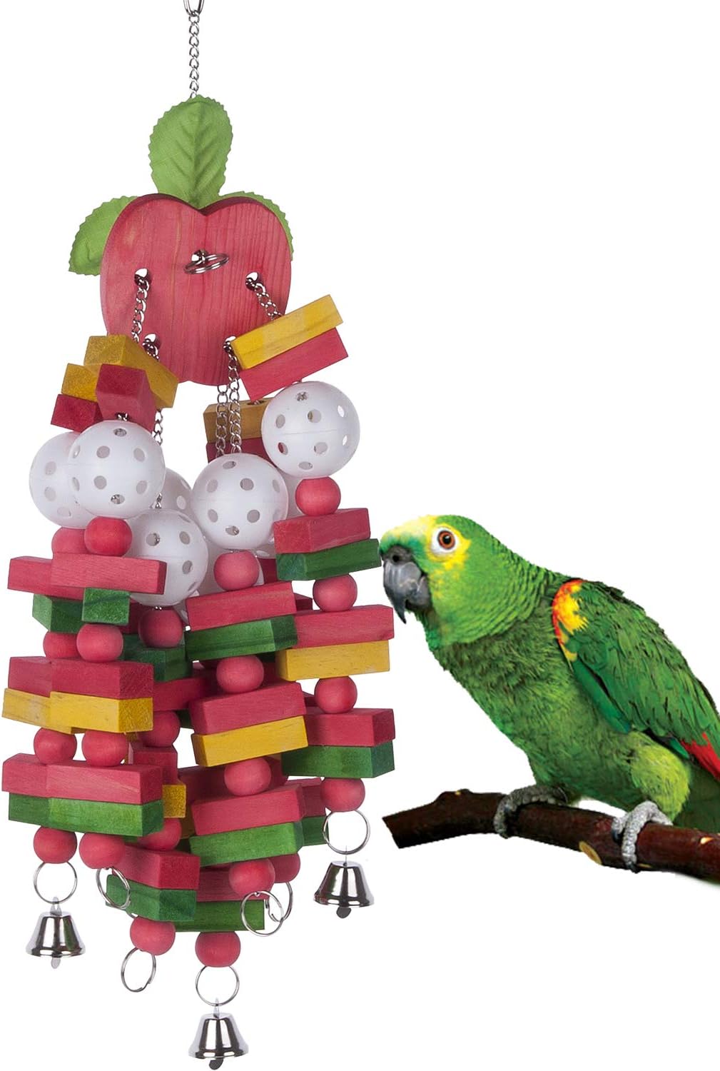 Tu Bird Block Toys with Bells for Medium Parrots and Birds Like Amazon,African Grey and Cockatoos (Apple)