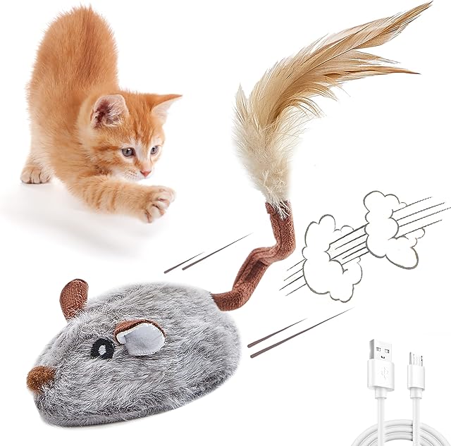Suhaco Interactive Cat Toys for Indoor Cats Automatic Kitten Feather Toys, Electric Random Moving Mouse Cat Toys with Feather Tail for Boredom, USB Rechargeable Kitty Toys