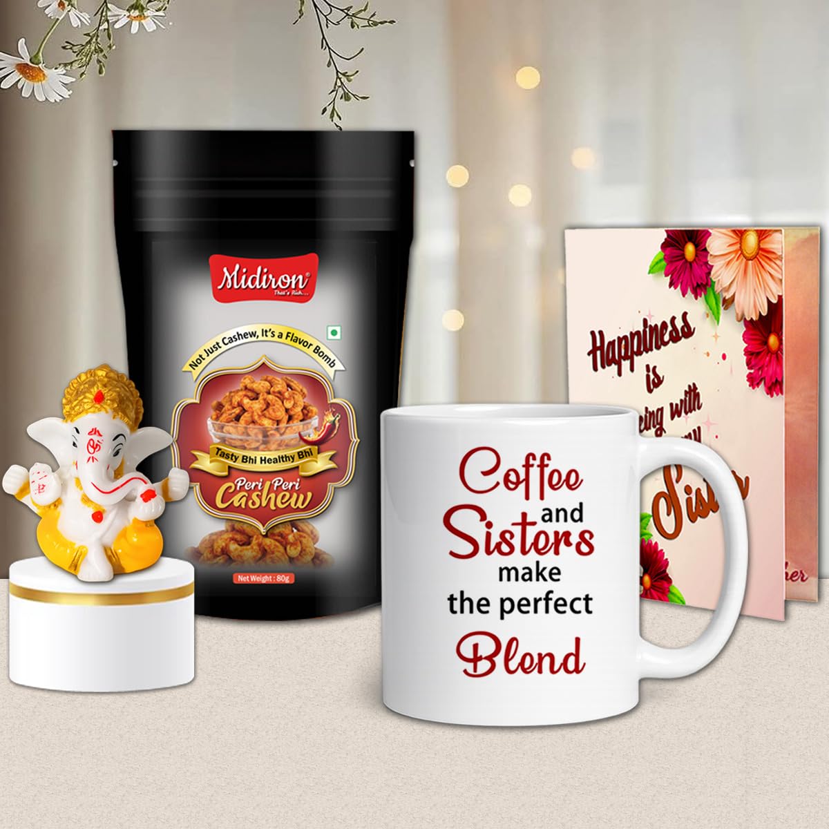 Midiron Thoughtful Gift Combo for Sister | Ganpati Idol, Healthy Cashew Snack, Ceramic Mug and Greeting Card | Rakhi Gift-image-44