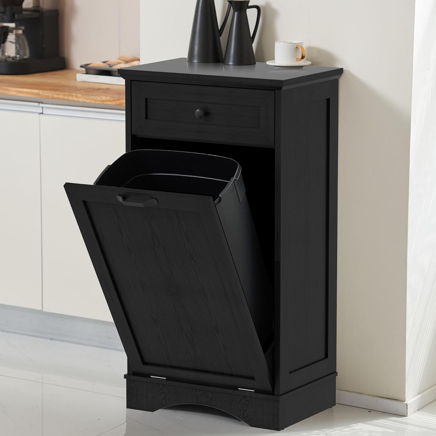 13 Gallons Tilt Out Trash Cabinet Freestanding Kitchen Trash Bin Cabinet Wood Garbage Recycling Cabinet with Hideaway Drawer Pet Proof Trash Can Holder for Kitchen Living Room, Dark Black
