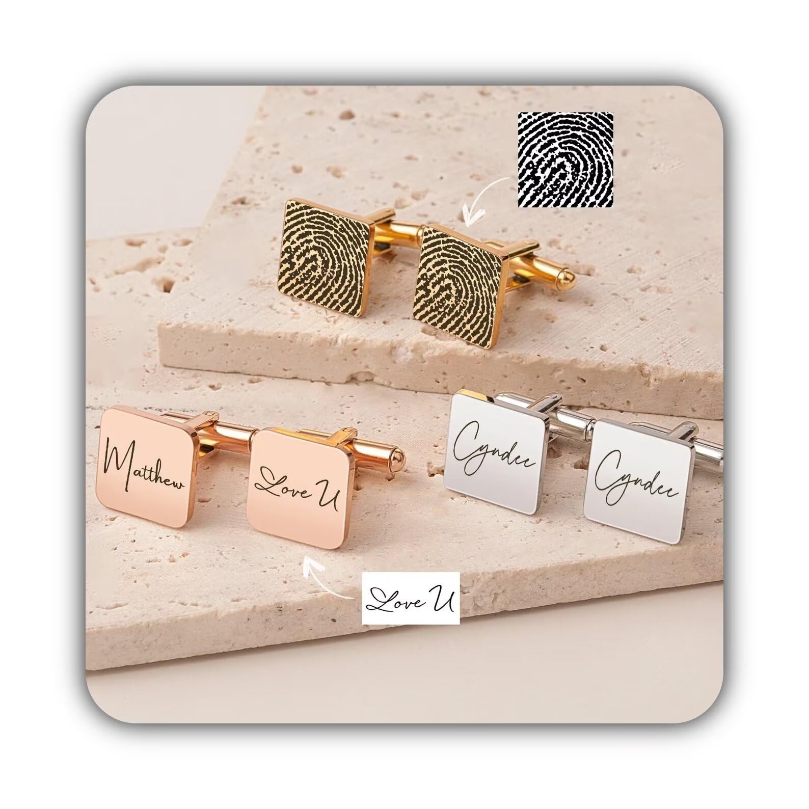 Regalo conmemorativo para hombre - Gemelos de huellas dactilares - Gemelos grabados Firma real - Gemelos de escritura a mano - Regalos personalizados