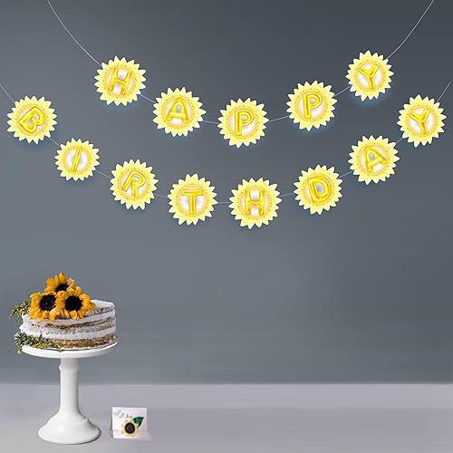 Miniatura 5 de Cheerland Cartel de feliz cumpleaños de girasoles para decoración de fiesta de cumpleaños, guirnalda de girasoles para niños, suministros de fiesta