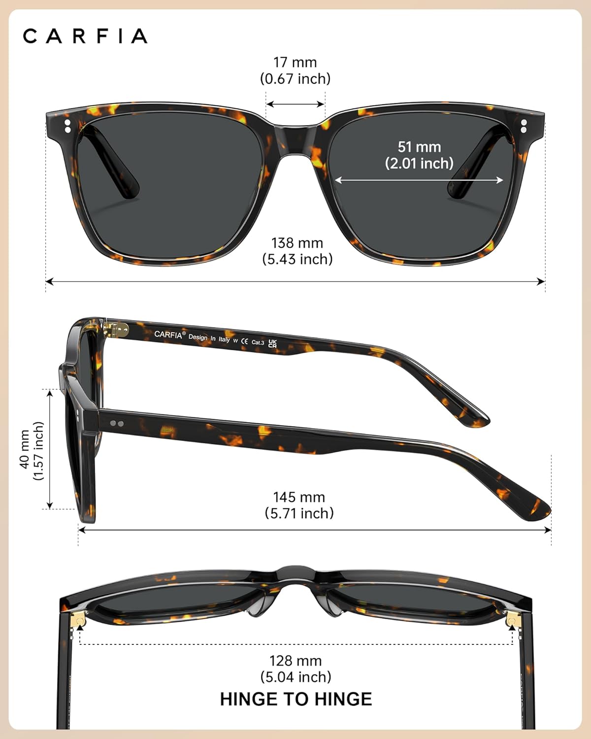 CARFIA Polarized Sunglasses for Women: Acetate, Small/Medium Size, UV400 Anti Glare CA5354 - Image 5