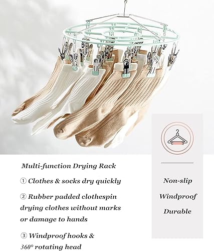 Miniatura 3 de Decohomeforu Stainless Steel Clothes Sock Drying Rack with 24 Clips, Swivel Hook Windproof Clothes Hanger Rack for Sock, Bras, Towel, Underwear,
